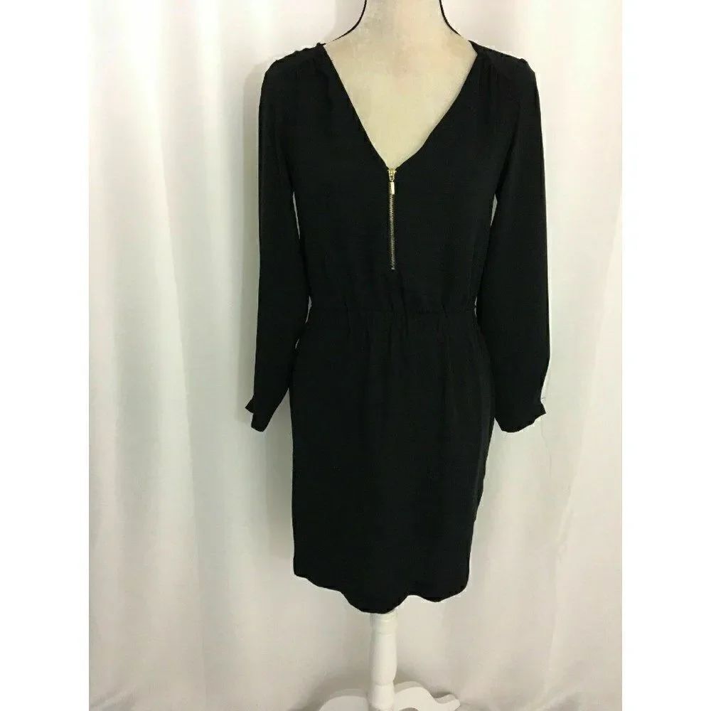 Zara Womens Solid Black Long Sleeve V Neck Mini Dress Xs
